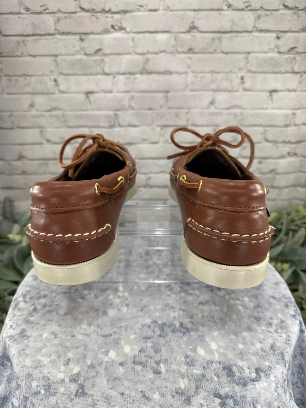SEBAGO DOCKSIDES “Portland” Cognac Waxed Leather Classic Boat Shoe Mens 7.5W EUC